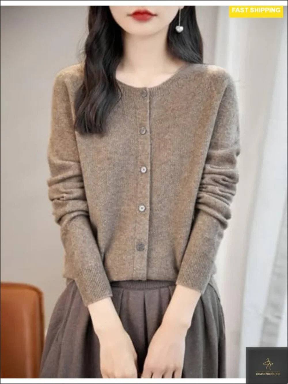 100% Merino Wool Crewneck Cardigan Sweater Long Sleeve Seamless Knit